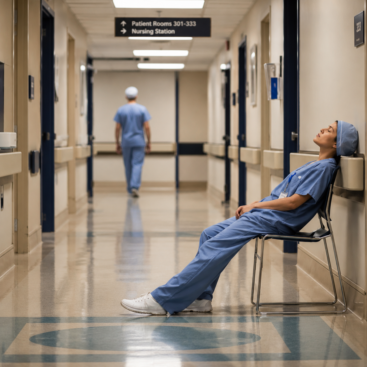 Exhausted nurse resting in hospital corridor
