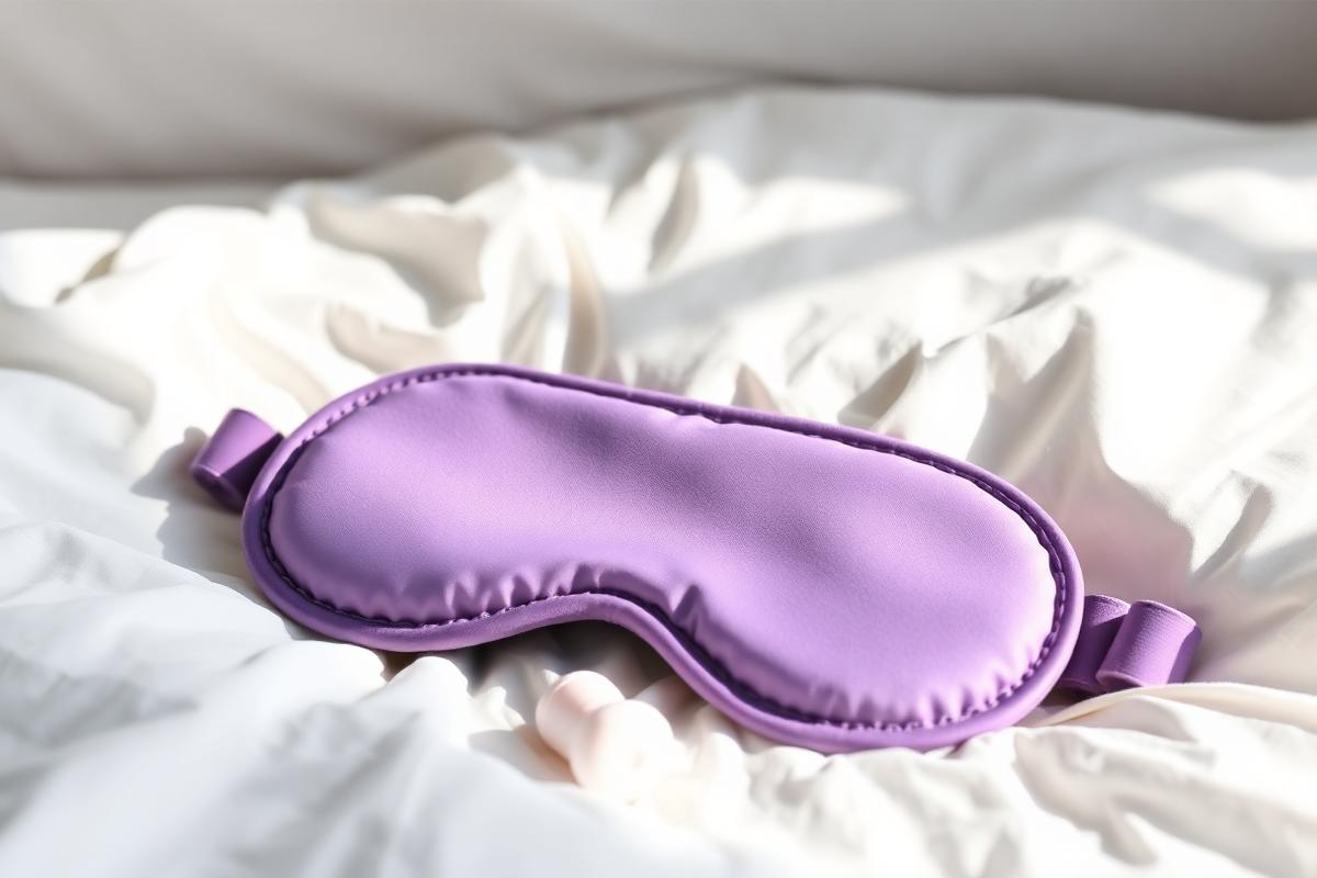 Contoured sleep mask resting on linen sheets