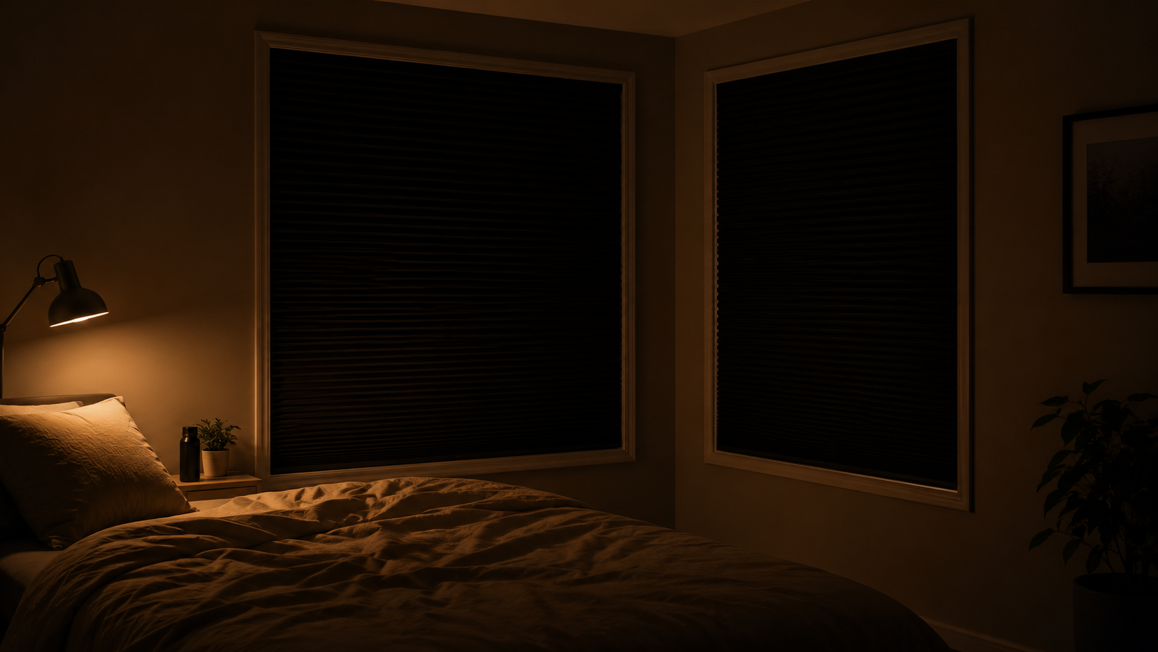 Cellular blackout blinds in a bedroom at sunrise