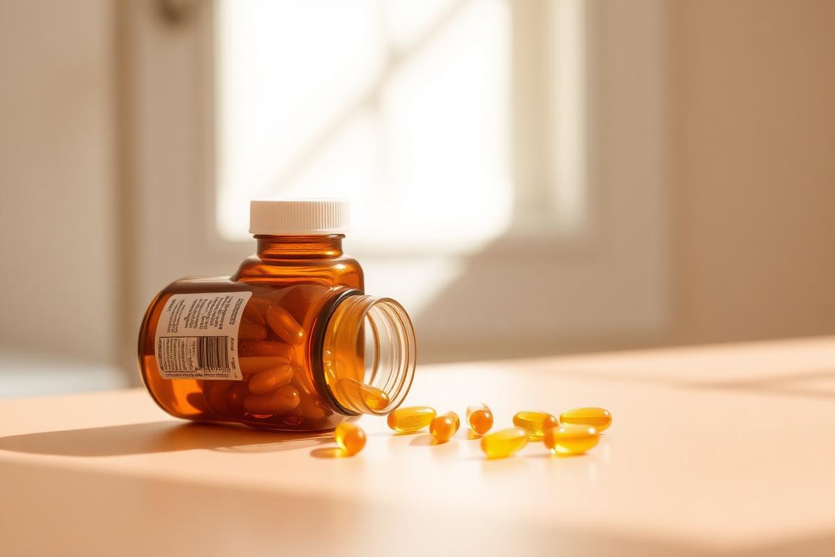 Amber bottle of vitamin D3 softgels